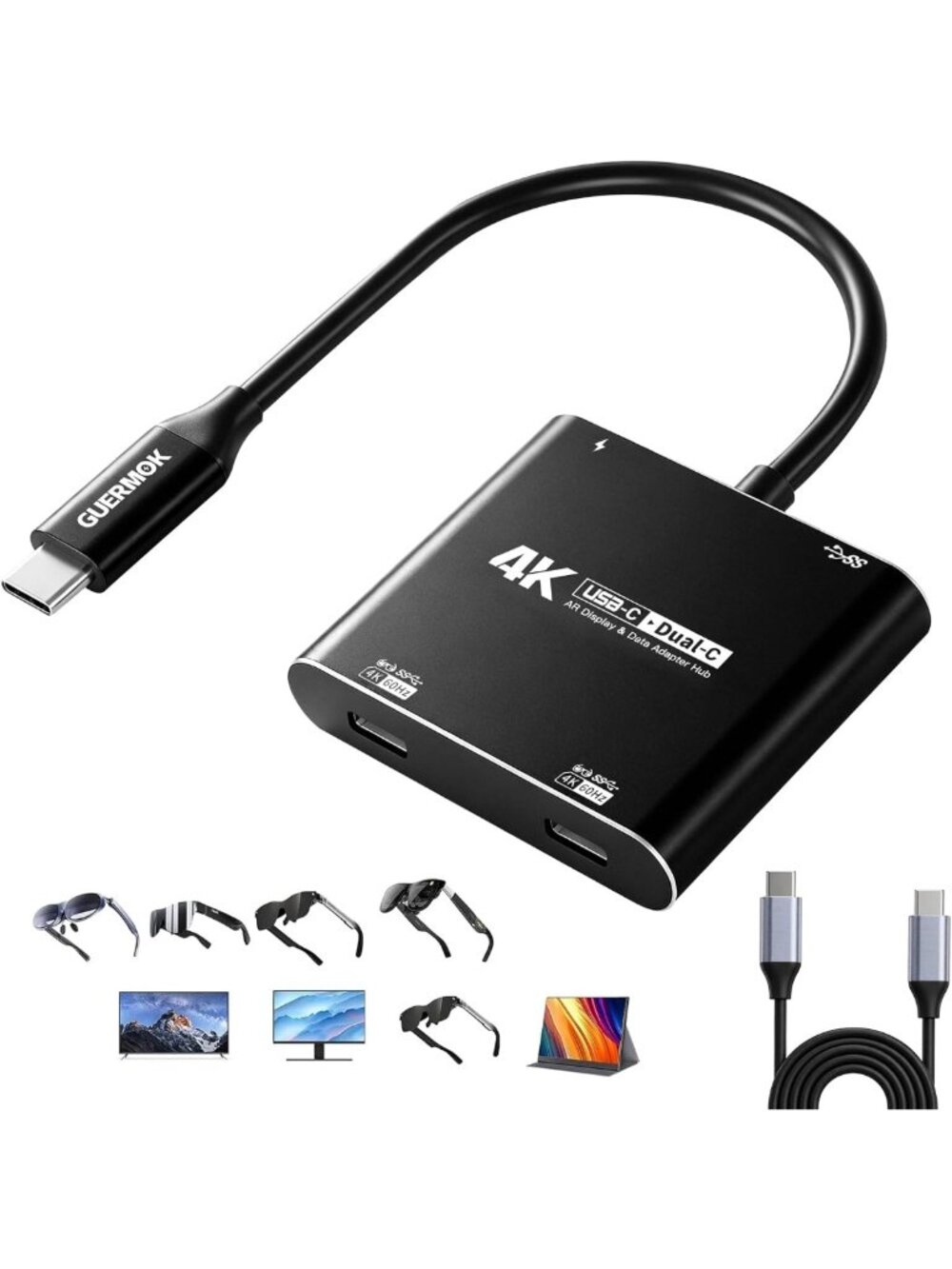 4-in-1 Dual USB-C Hub, 4K Video Output, AR Glasses Adapter, Multiport Connector